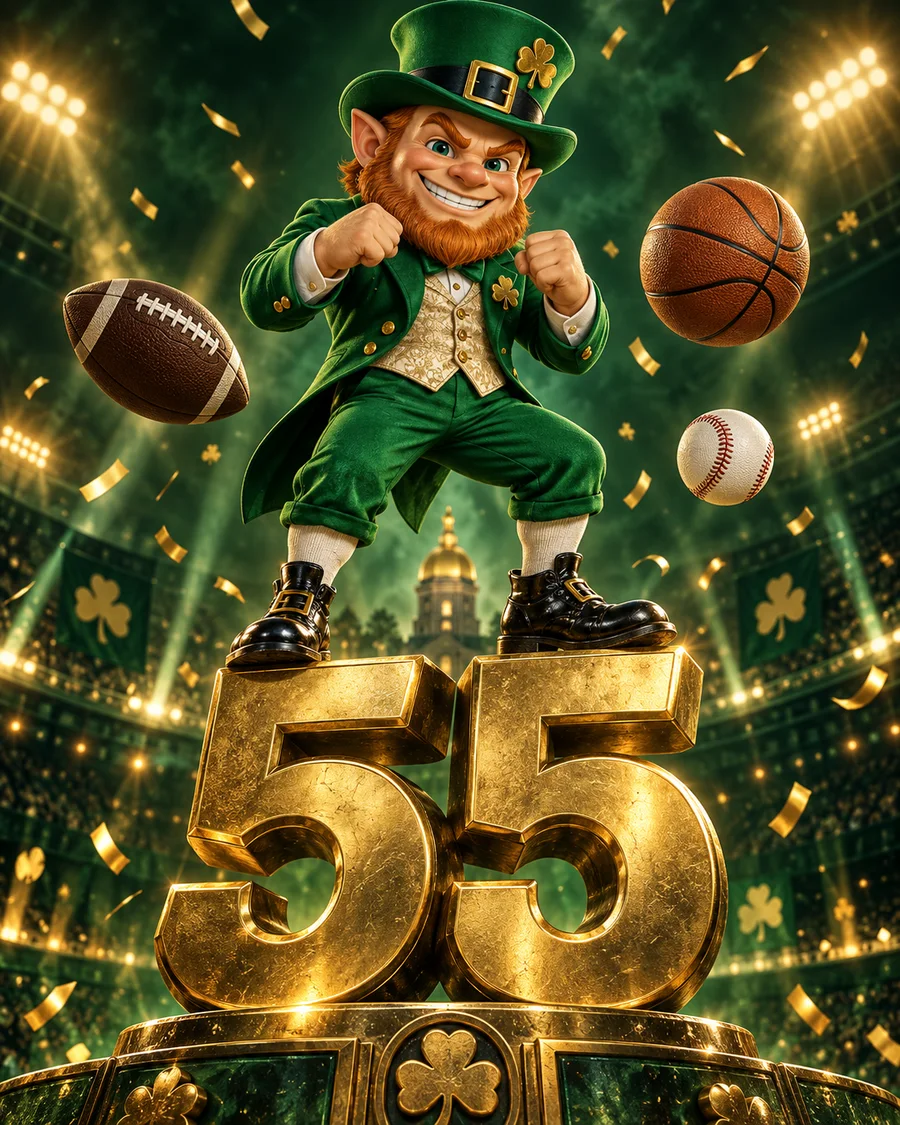 A joyful 3D Irish leprechaun standing on a golden 55, surrounded by sports balls and confetti